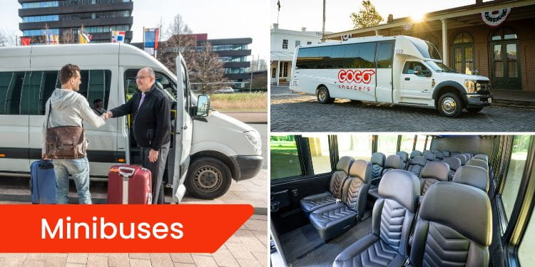 A graphic that reads "Minibuses" with photos of a driver greeting a passenger in front of a shuttle, the exterior of a minibus, and the interior of a minibus