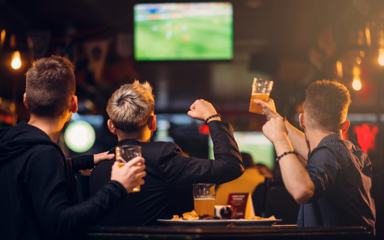 A group of friends cheer at a sports game on a television in a sports bar