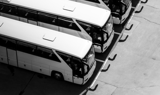 charter buses line up in a parking lot