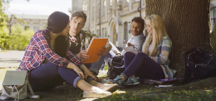 Students sitting on grass on a campus