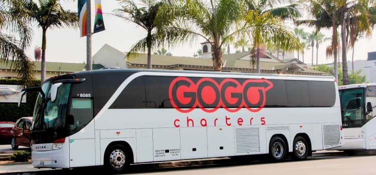 A parked GOGO Charters bus