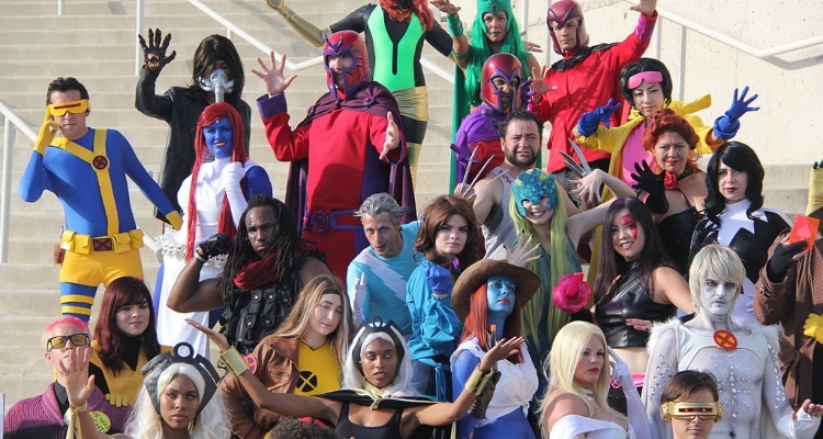 Large group of San Diego Comic Con visitors dressed up as super heros