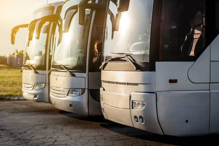 fleet of charter buses parked at sunset