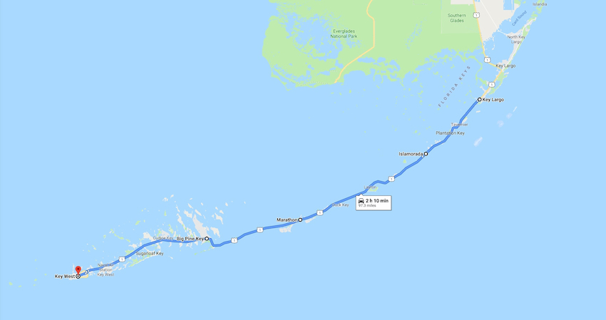 a map depicting the route between Miami and Key West