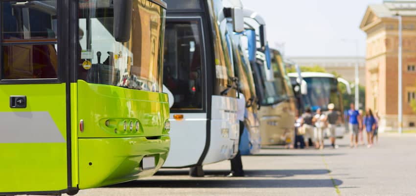 charter buses lined up in a parking lot