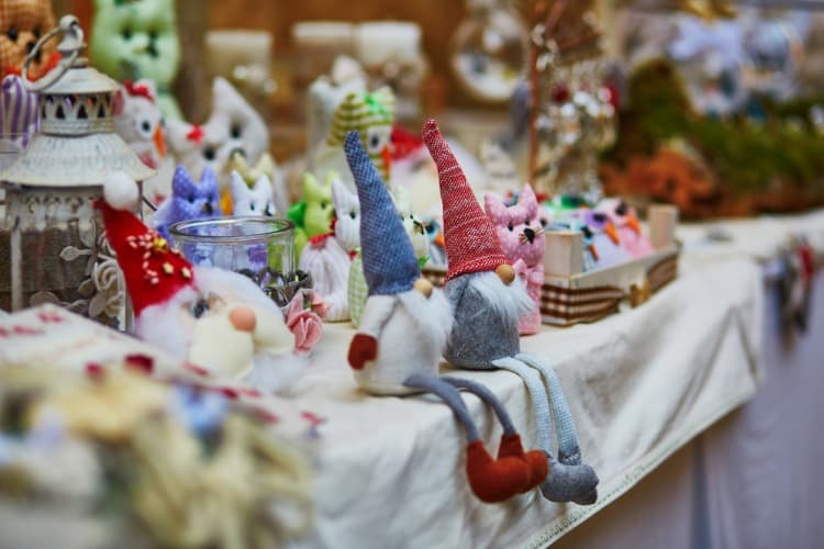 Holiday decorations and toys on a table at a market