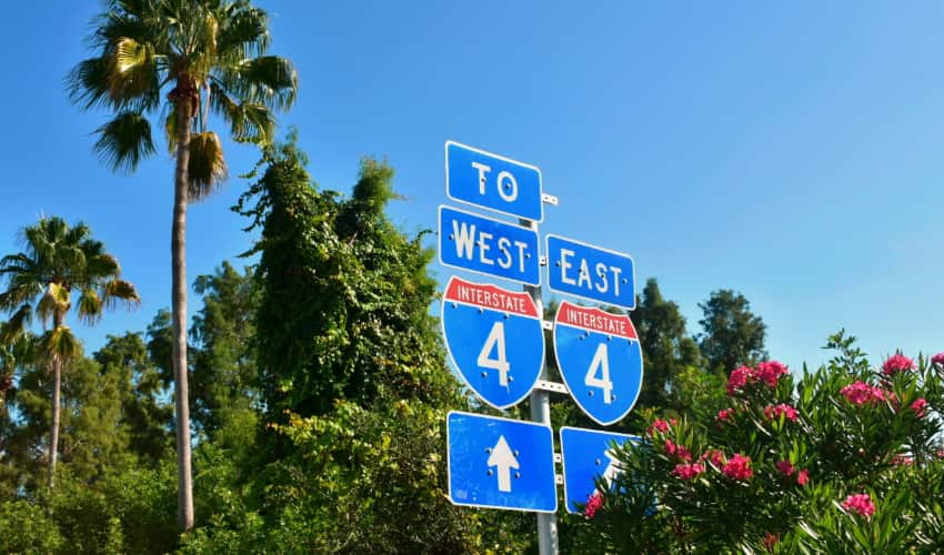 The Interstate 4 highway signs in Florida among some greenery