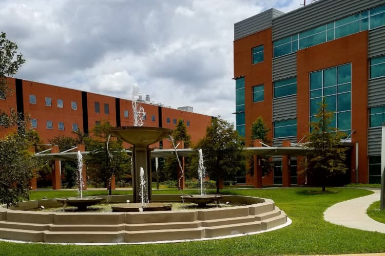 Exterior of a building and fountain on the Texas Southern University campus