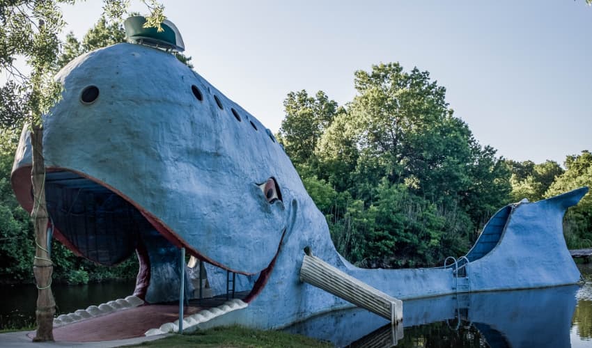 The Catoosa Blue Whale sculpture sits in a pond along Route 66