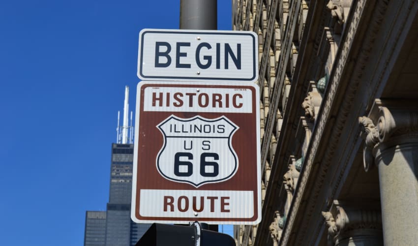 the sign marking the beginning of Route 66 in Chicago