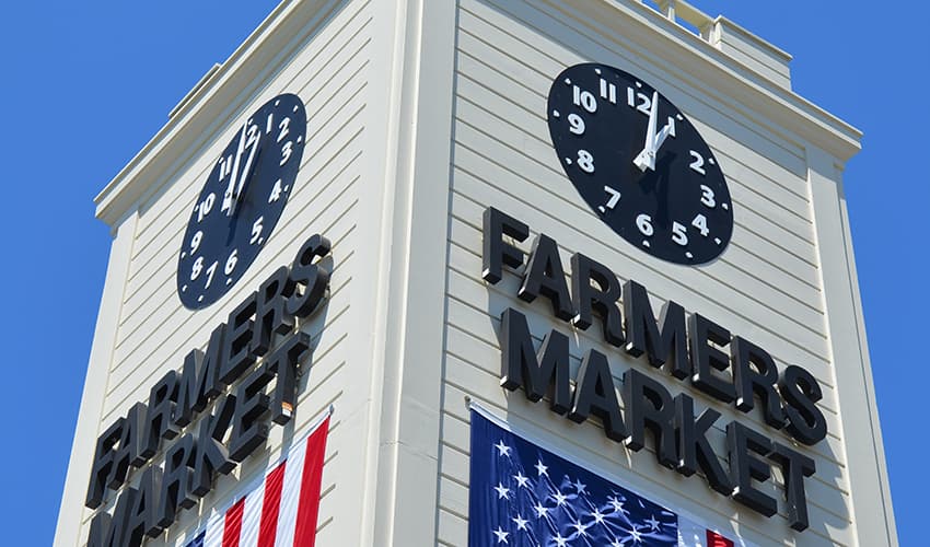 The clock tower of the LA farmers market