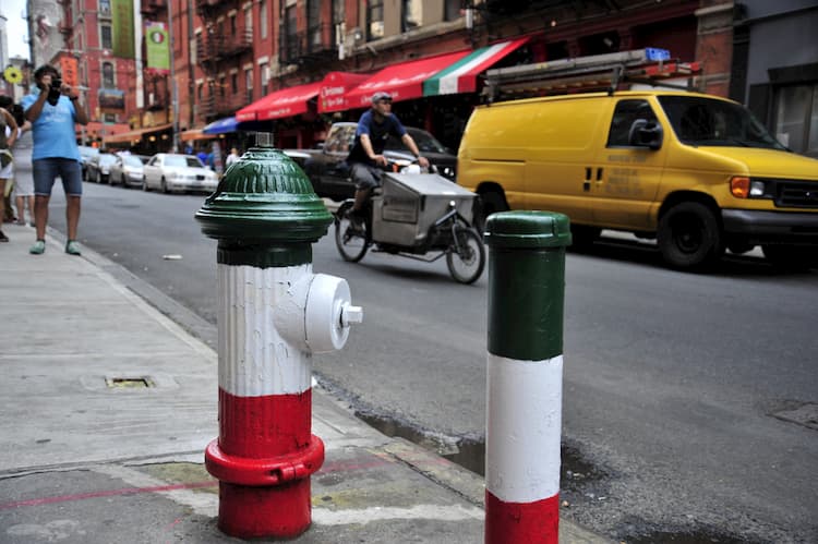 Little Italy fire hydrants in Italian flag colors