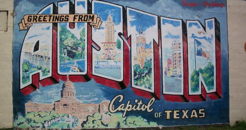 The "Greetings from Austin" mural