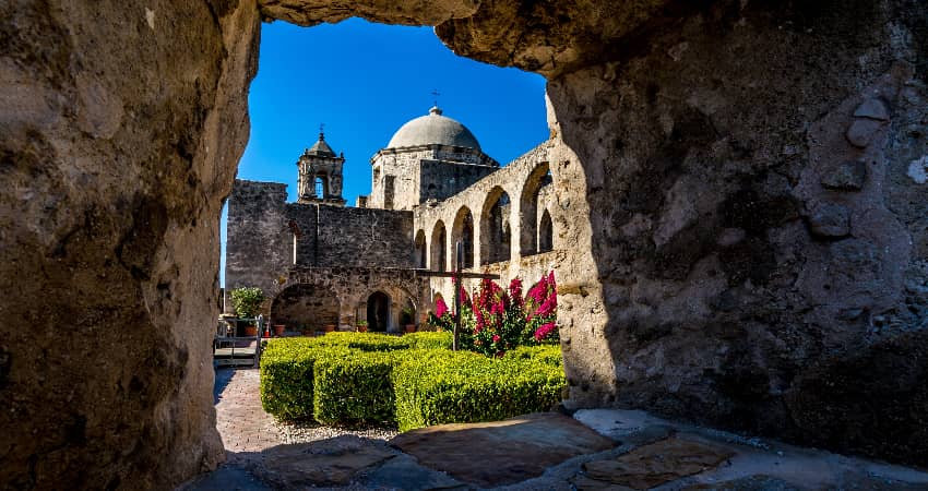 A stone-constructed Mission building in San Antonio