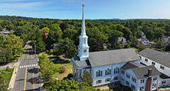 Aerial view of a church in Needham, Massachusetts
