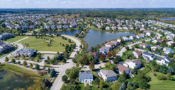 an aerial view of houses in a Chicago suburb