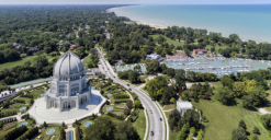Aerial view of the a temple, harbor and shoreline in Wilmette, Illinois. USA