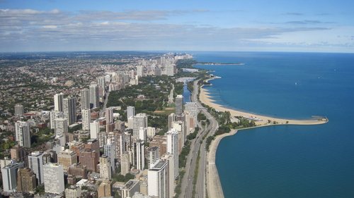 aerial view of Chicago shoreline from the suburbs