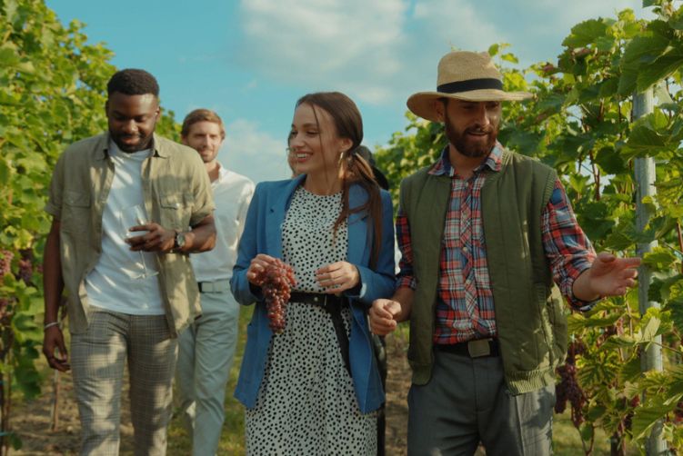 a woman holds a glass of wine and smiles in a vineyard