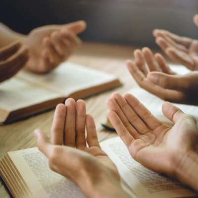 Close up of people's hands while praying
