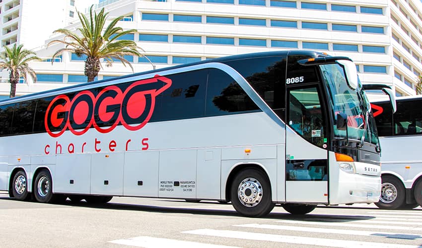A branded GOGO Charters bus drives on a city street