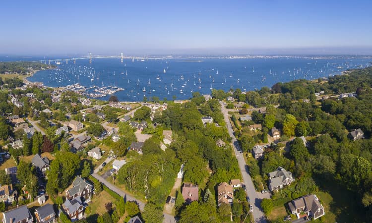 Aerial view of houses and towns along the coast in Rhode Island