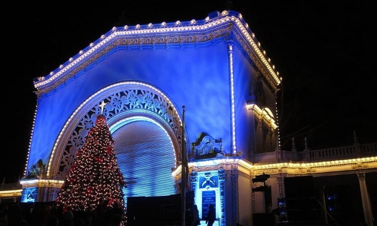 balboa park at christmas time at night