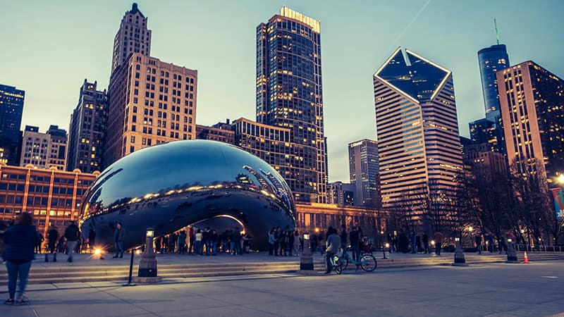 The Cloud Gate sculpture in Chicago at dusk