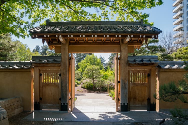 wooden Japanese-style entranceway to the Japanese Gardens in the Denver Botanic Gardens