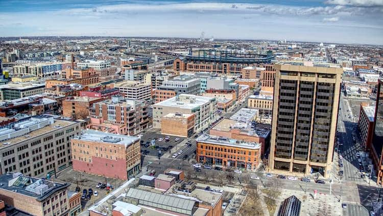 an aerial view of denver near coors field