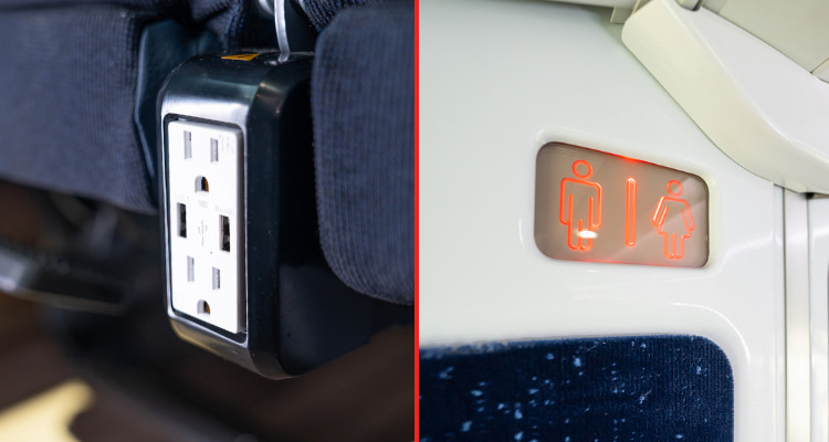 a power outlet inside a bus, and a bathroom sign inside a bus