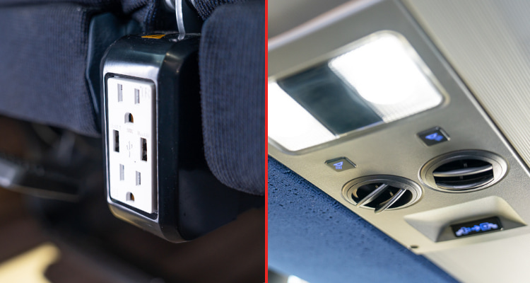 power outlets and personal climate and light controls inside a charter bus