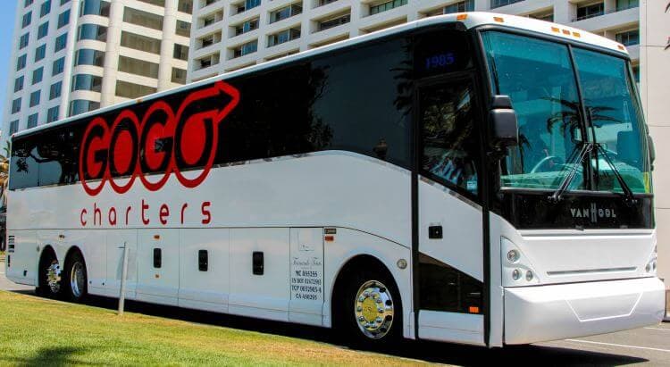 gogo charters bus parked outside a city street