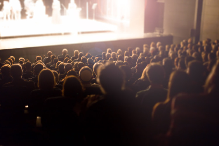 a crowd cheers for a show at a large theater