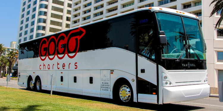 a charter bus with a 'gogo charters' logo on it