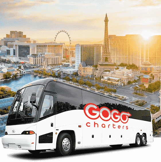 a GOGO Charters branded bus in front of the Las Vegas skyline