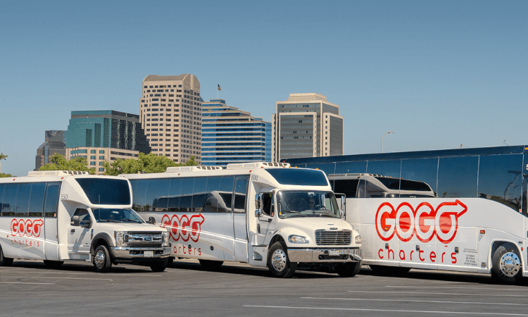 3 parked buses of varying sizes, with GOGO charters logos on them