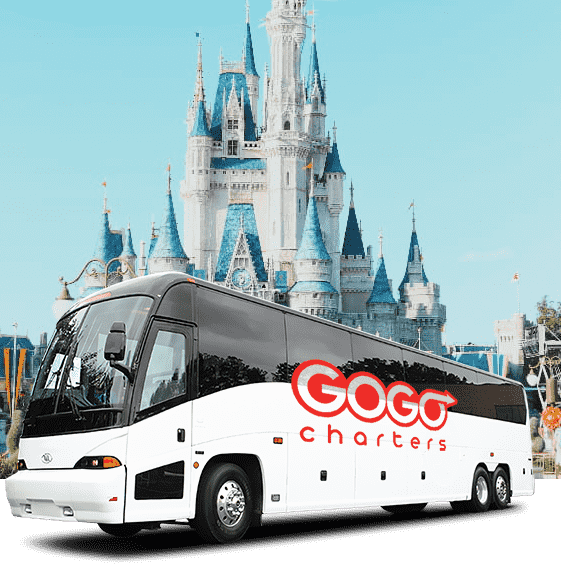 a GOGO Charters branded bus in front of Cinderella's Castle at Disneyworld in Orlando