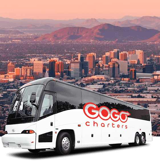 a GOGO Charters bus rental in front of the Phoenix skyline