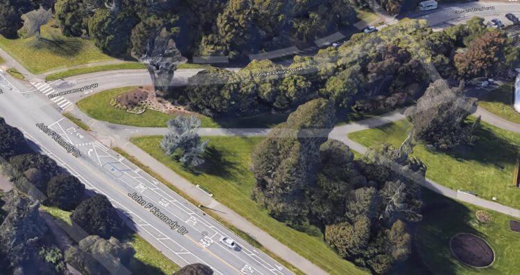 aerial view of a bus drop-off zone near golden gate park