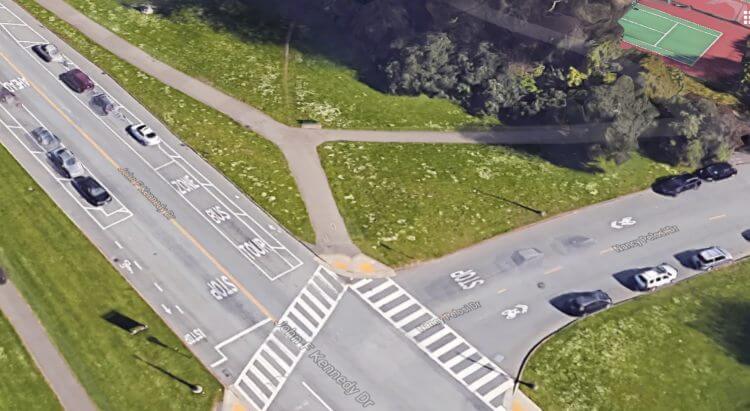 an aerial view of a bus loading zone at golden gate park