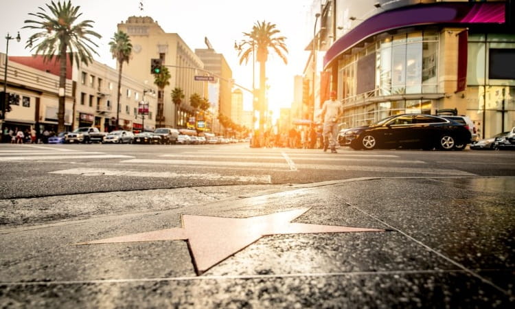 Closeup of a star tile on the Hollywood Walk of Fame