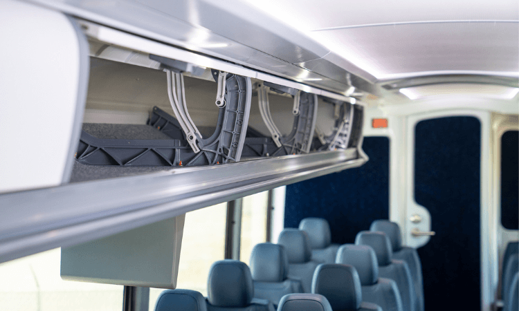 overhead storage in a charter bus