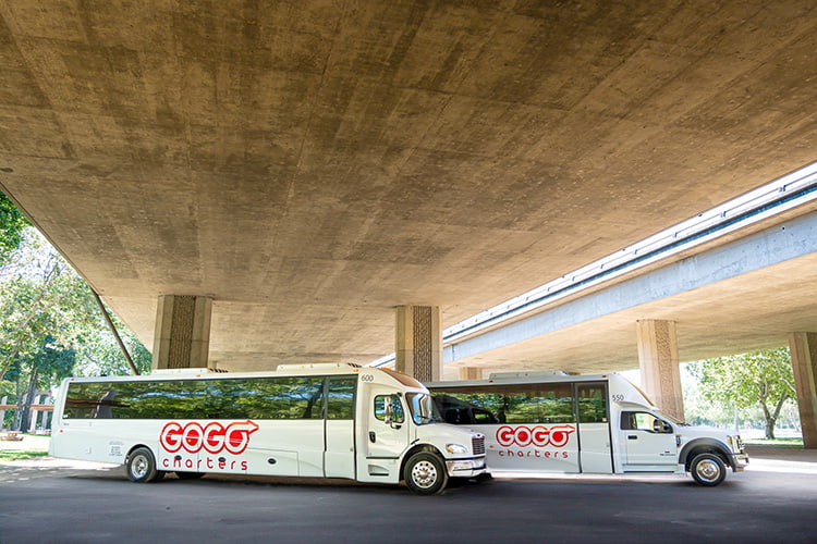 Minibus shuttles parked under an overpass