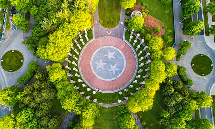 Aerial view of a Tennessee monument in Nashville