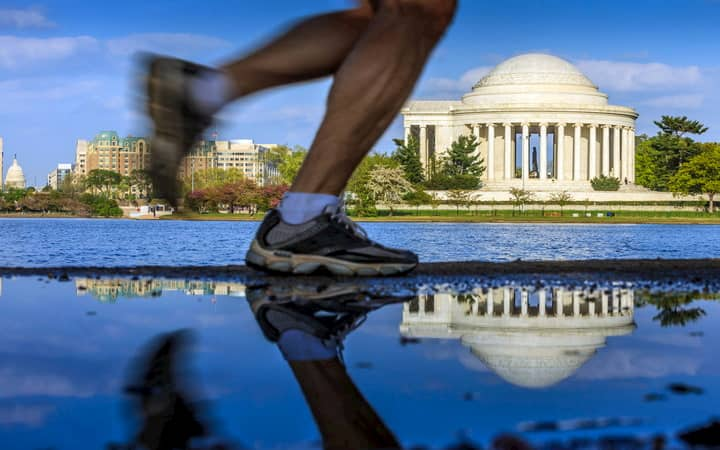 A person running along the National Mall in Washington DC