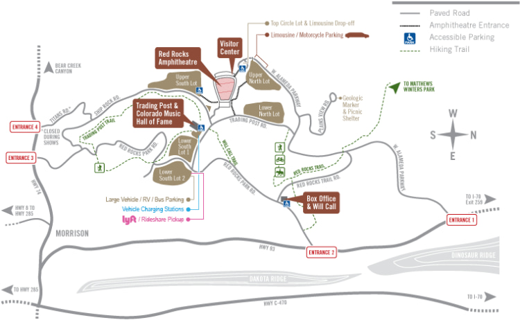 a road map of red rocks park in denver