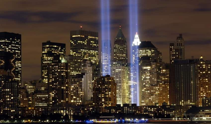 Memorial image with lights where Twin Towers once stood