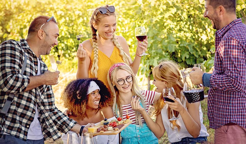 A group of friends drink glasses of wine and eat snacks at an outdoor party