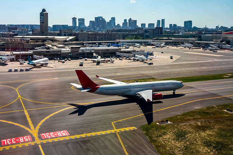 An airplane prepares for takeoff at Boston Logan International Airport